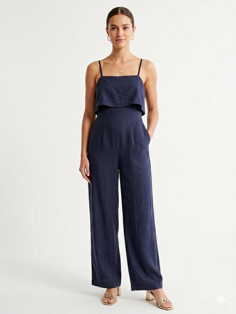 Skies Are Blue Navy Linen-Blend Wide-Leg Jumpsuit